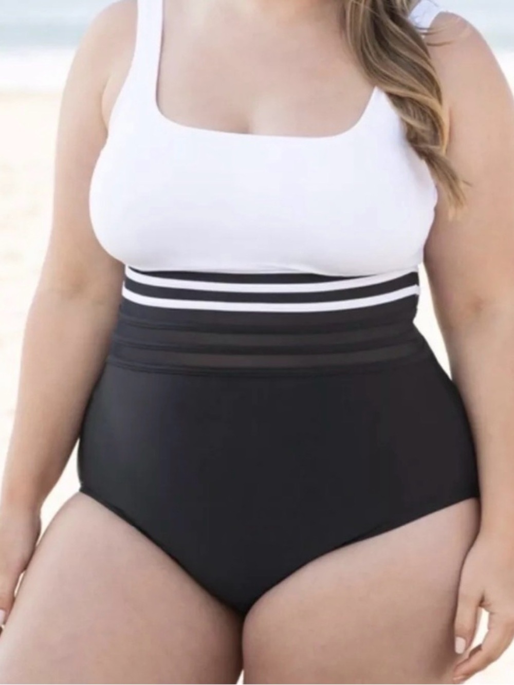 Nautica White & Black Striped Waist One-Piece Swimsuit